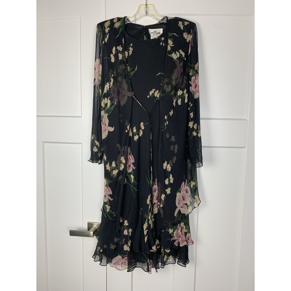 Cattiva Vintage 90s Sheer Black Floral Sleeveless Dress W/Duster  Y2K Sz 12